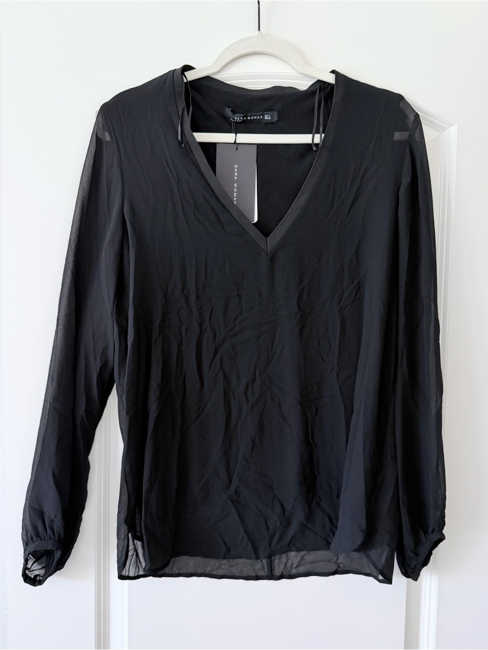 NWT Zara Black V-Neck Sheer Long-Sleeve Blouse